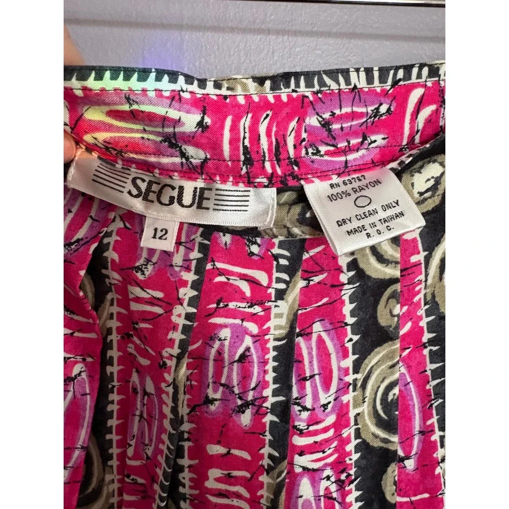 Vintage Segue Pink Abstract Swirl Pleated‎ Midi Skirt High Waisted Small Boho